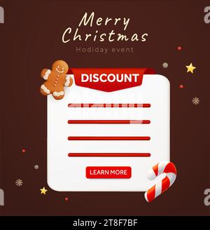 3d advertising popup dialog with christmas decoration style, gingerbread man, candy cane, call to action button. 3d rendered popup dialog isolated on background. Vector illustration. Vector illustration Stock Vector