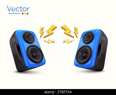 3d pair of stereo blue and black speakers with loud sound effect, isolated on white background. 3d outdoor music show icon. Vector illustration. Vector illustration Stock Vector