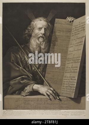 Moses Presenting the Tablets of the Law, Robert Nanteuil, 1699, Graphic Art, Copper Engraving, 'Hear,O Israel' is the heading to the tablets that Moses is holding; this is followed by the Ten Commandments, all in large, easily read lettering. It was typical of Philippe de Champaigne (1602-74) that he should provide his human figures with detailed facial features. The aging, wrinkled Moses is an example of this. Champaigne also emphasises Moses’ rich spiritual life as opposed to his undemanding worldly existence. The elegant apparel is in contrast to Moses’ filthy finger nails., Paper Stock Photo