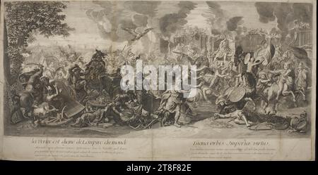 Digna orbis Imperia virtus (The Battle of Gaugamela near Arbela on 1st October 331 BC), Bernard Picart, 1700 - 1710, Graphic Art, Etching, Copper Engraving, Those close to Alexander the Great (356-323 BC) at the Battle of Gaugamela on 1 October 331 BC believed they saw an eagle hovering above Alexander’s head. The Roman historian Quintus Curtius Rufus (1st century AD) wrote this in his biography of Alexander. The seer Aristander, who closely followed Alexander on foot Stock Photo