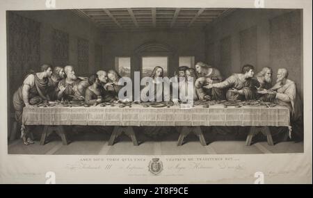 The Last Supper, Raphael Morghen, 1758-1833, 1800, Graphic Art, Copper Engraving, During the feast of the Passover, Jesus said, 'one of you shall betray me'. (Matthew 26, 21) Leonardo da Vinci’s (1452-1519), The Last Supper, in Santa Maria delle Grazie in Milan, shows Jesus sitting in the middle with six disciples on either side. With their body language, hand movements and facial expressions, all twelve express their reaction to what has just been said. Judas, who was soon to betray Jesus, is seen as number three on the left of Jesus. Leaning across the table Stock Photo