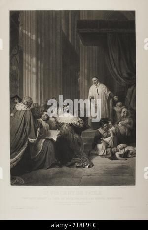 Saint Vincent de Paule Preaching before the Court of Louis 13, Zachée Prévost, No earlier than 1823 - No later than 1861, Graphic Art, Copper Engraving, Paper, Color, Printer's ink, Copper engraving, Printet, Height (plate size) 600 mm, Height (paper size) 652 mm, Width (plate size) 435 mm, Width (paper size) 485 mm, Peint par P. Delaroche, Gravé par Z. Prévost, ST VINCENT DE PAULE, PRÈCHANT DEVANT LA COUR DE LOUIS XIII, POUR LES ENFANS ABANDONNÉS., Ils vivaient hier, grâce à vous ils vivant encore aujourd'hui ..., Graphic Design, European Stock Photo