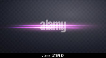 Pink horizontal lensflare. Light flash with rays spotlight. Pink glow flare light effect. Vector illustration. Isolated on dark transparent background Stock Vector