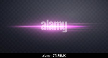 Pink horizontal lensflare. Light flash with rays spotlight. Pink glow flare light effect. Vector illustration. Isolated on dark transparent background Stock Vector