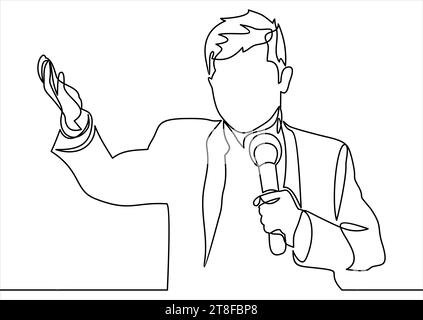 Business conference, business meeting. Man at rostrum in front of audience. Public speaker giving a talk at conference hall- continuous line drawing Stock Vector