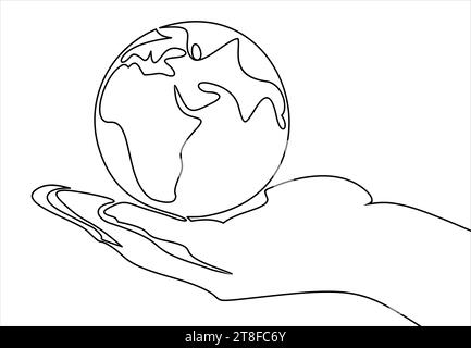 Continuous one line drawing. hand holding Earth globe. Stock Vector