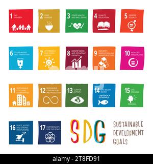 The 17 SDGs hand drawn icons vector set with lettering. The SDGs are a ...