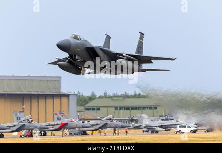 US Air Force F-15C Eagle fighter jet from 159th Fighter Wing taking off from Hohn Airbase during NATO exercise Air Defender 2023. Hohn, Germany - June Stock Photo