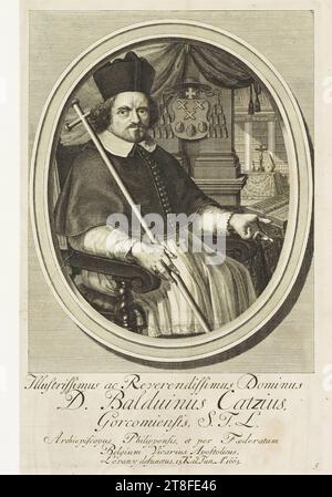 graphic artist is possibly F. Bleiswijk. possibly book illustration. Portrait of man with coat of arms to the right of it with ecclesiastical indications. In the background a view through to interior with bookcase, crucifix, table. Next to the man is an open book. Illustrissimus ac Reverendissimus Dominus, D. Balduinus Catzius, Gorcomiensis, S.T.L., Archiepiscopus Philippensis, and per Foederatum, Belgium Vicarus Apostolicus, defunct Lovany. 15. walk.Jun.A°.1663. 5 Stock Photo