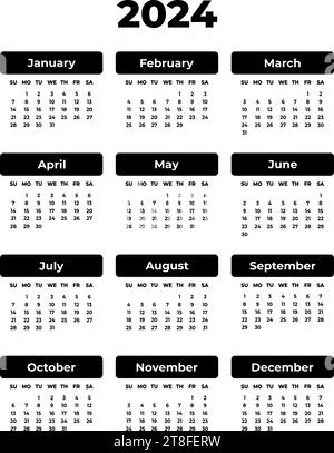 Vertical rectangular black calendar for 2024 year. White background. Isolated vector image. Illustration bold template for design, planner Stock Vector
