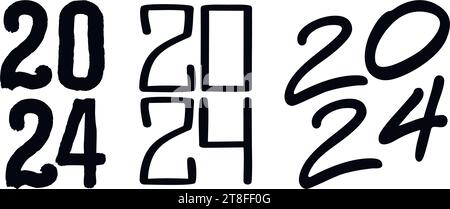 Set of illustration 2024 year black vertical handwriting font. White background. Isolated typography bold text for logo design, flyer, banner, poster, Stock Vector