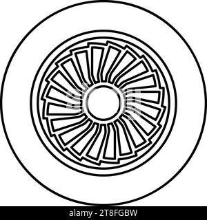 Turbine airplane turbomachine jet engine aircraft motor fan plane contour outline line icon black color vector illustration image thin flat style Stock Vector