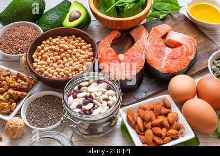 Food rich in omega 3 fatty acid and healthy fats. Healthy keto and low carb diet eating concept Stock Photo