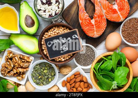 Food rich in omega 3 fatty acid and healthy fats. Healthy keto and low carb diet eating concept. top view Stock Photo