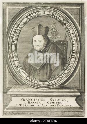 DIED 27 FEBRUARY, IN THE YEAR 1849 OF HIS AGE 69. DECATNATO 28 FRANCIS SYLVIUS, OF COUNT OF BRANIA, S. T. DOCTOR IN THE ACADEMY DUACENA J. B. Jongelinx Sculpted Ant. illustration from: FOPPENS, Bibliotheca Belgica, I, 309-311 Stock Photo