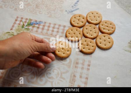 Cookie crackers with salt on the table close Stock Photo
