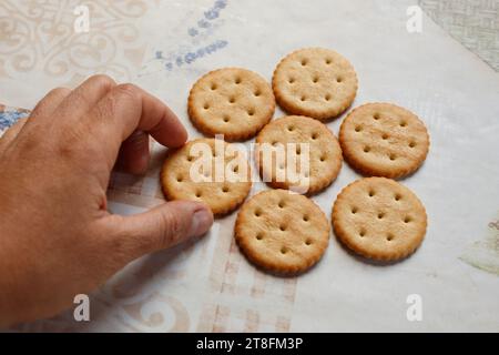 Cookie crackers with salt on the table close Stock Photo