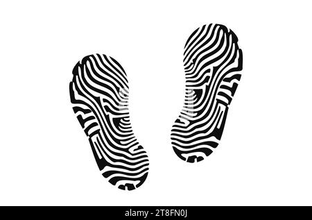 Human shoe footprints. Pair of prints of sneakers or boots. Left and right leg. Shoe sole. Walking foot steps. Black and white vector isolated on white. Icon, symbol, pictogram. Childrens footprints Stock Vector