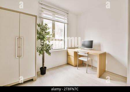 Modern workplace with computer on desk and chair with houseplant by window in modern house Stock Photo