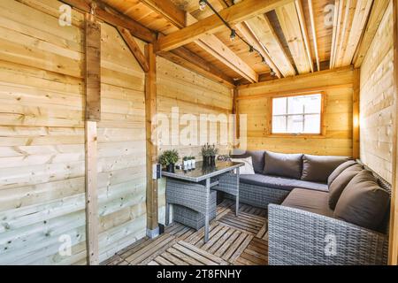Interior of living room with comfortable gray couch and coffee table with houseplants in wooden cabin Stock Photo