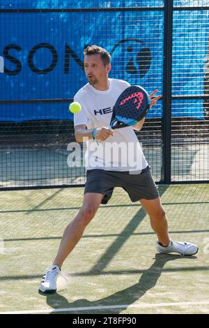 Player in action at a padel camp, Club Robinson, Ugento, Apulien, Italien Stock Photo