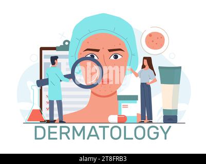 Dermatology specialist helps patient with skin problems. Doctor with magnifying glass. Acne and pimples on woman face. Skincare in clinic. Cartoon Stock Vector