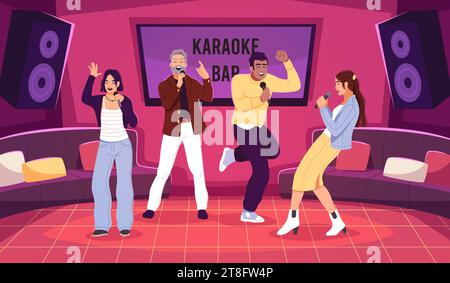 Happy people in karaoke club. Group of friends sing into microphones, vocal battle in bar, amateurs singers music party, entertainment show, cartoon Stock Vector