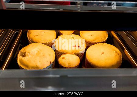 Traditional yeast Easter bread is baked in the oven. Easter cake Stock Photo