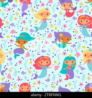 Seamless pattern with mermaids. Funny little underwater princesses. Decor textile, wrapping paper, wallpaper design. Childish print for fabric Stock Vector