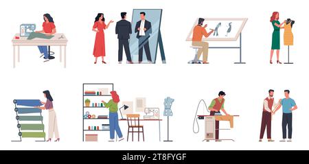 Sewing people. Modern apparel designers, cutters and seamstresses, atelier employees, dresses creation process, professional equipment in workshop Stock Vector