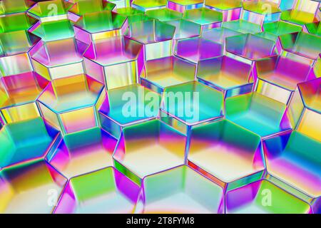 Glass rainbow hexagons, colorful geometric crystals. Abstract background 3d rendering Stock Photo