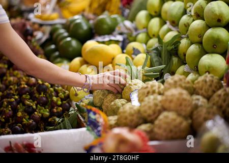 Hand of customer taking custard apple from stall on local market Stock Photo