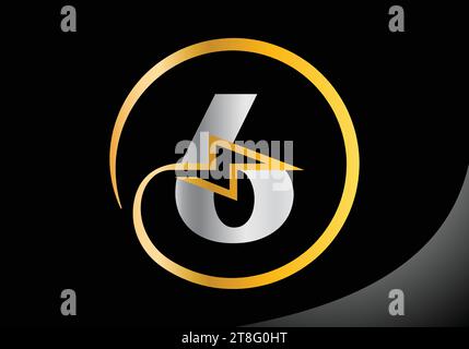 Letter 6 with lighting thunder bolt Logo Design Vector Template. Stock Vector