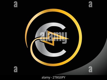 Letter C with lighting thunder bolt Logo Design Vector Template. Stock Vector