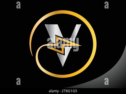 Letter V with lighting thunder bolt Logo Design Vector Template. Stock Vector