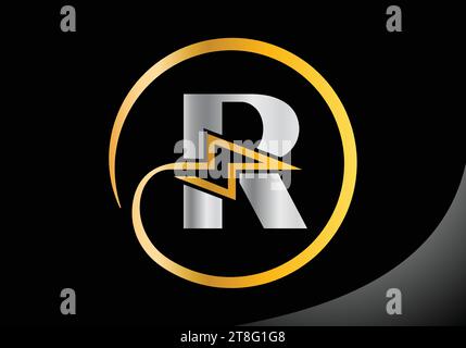 Letter R with lighting thunder bolt Logo Design Vector Template. Stock Vector
