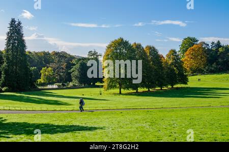 Walking in Ashton Court park above the city of Bristol UK on a sunny morning in early autumn Stock Photo