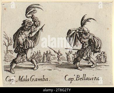 Jacques Callot (1592 - 1635), Balli di Sfessania, Anonymous (dating unknown), Artist:in Jacques Callot (1592 - 1635), Copy after Capitano Esgangarato and Capitano Cocodrillo, Jacques Callot (1592 - 1635), Capitamo Mala Gamba and Capitano Bellavita, sheet no. 15 of the series 'Balli di Sfessania', print medium: 1621, etching, sheet size: 7.5 x 9.8 cm plate margin: 7.3 x 9.7 cm, bottom left inscribed 'Cap°. Mala Gamba'; bottom right inscribed 'Cap°. Bellauita Stock Photo