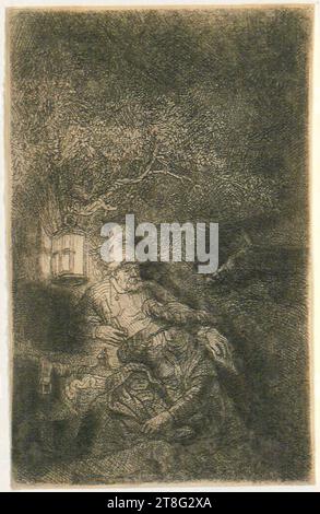 Rembrandt Harmensz. van Rijn (1606 - 1669), artist, Rest on the Flight into Egypt, night piece, origin of the print medium: c. 1644, etching and drypoint, sheet size: 9.2 x 5.8 cm Stock Photo