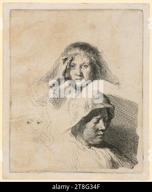 Rembrandt Harmensz. van Rijn (1606 - 1669), artist, head studies of Saskia and other women, Rembrandt Harmensz. van Rijn (1606 - 1669), artist, study of three women's heads, print medium: circa 1637, etching, sheet size: 13.8 x 11.3 cm plate margin: 12.7 x 10.4 cm Stock Photo