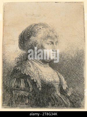 Rembrandt Harmensz. van Rijn (1606 - 1669), Artist, Reading Woman, Rembrandt Harmensz. van Rijn (1606 - 1669), Artist, Saskia with Pearls in Her Hair, Print date: 1634, Etching, Sheet size: 8.5 x 6.7 cm, Signed and dated upper left 'Rembrandt f., 1631 Stock Photo