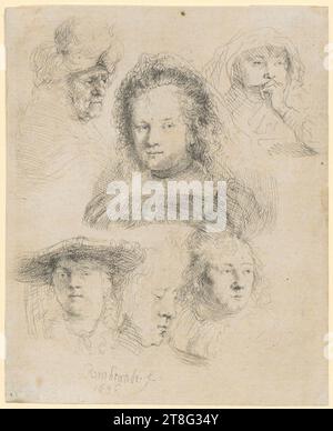 Rembrandt Harmensz. van Rijn (1606 - 1669), artist, head studies of Saskia and other women, print medium: 1636, etching, sheet size: 14.9 x 12.2 cm, signed and dated lower left 'Rembrandt. f, 1636 Stock Photo