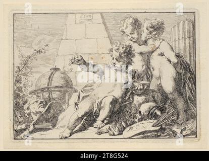 Jacob de Wit (1695 - 1754), Three Genii at a Pyramid, Print date: ca. 1710 - 1754, Etching, Sheet size: 15.6 x 21.7 cm Plate margin: 14.1 x 20.2 cm, Top center signed 'J.d.Wit Stock Photo