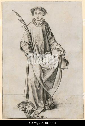 Martin Schongauer (1450 um - 1491), artist, Saint Stephen, origin of the print: 1474, copperplate engraving, sheet size: 15.9 x 11.1 cm, bottom center monogrammed 'M + S Stock Photo