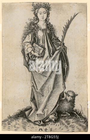 Martin Schongauer (1450 um - 1491), artist, Saint Agnes, print medium: 1470 - 1482, copper engraving, sheet size: 14.8 x 9.9 cm, bottom center monogrammed 'M + S Stock Photo