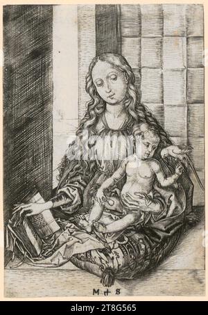 Martin Schongauer (1450 um - 1491), artist, Madonna with the parrot, origin of the print: 1470 - 1473, copperplate engraving, sheet size: 15.6 x 10.8 cm, bottom center monogrammed 'M + S Stock Photo