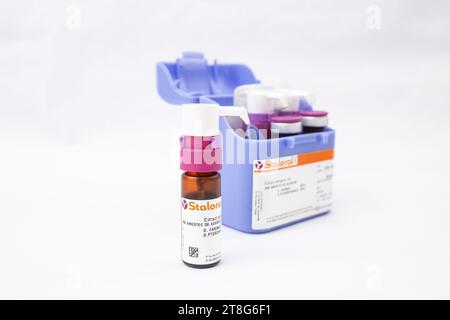 Staloral oral immunotherapy vials used in treatment for dust mites allergies, close up Stock Photo