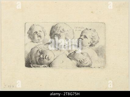 Georg Friedrich Schmidt (1712 - 1775)François Du Quesnoy (1597 - 1643), after, sheet with head study, five children's heads, origin of print medium: 1767, copperplate engraving and etching, sheet size: 11.8 x 16.8 cm platemark: 6.0 x 10.6 cm, top center signed and dated 'G.f. Schmidt, fec, 1767 Stock Photo