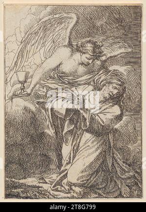 Jonas Umbach (1624 um - 1693), Jesus in the desert, behind him an angel with a chalice in his hand, made in 1634 - 1693, etching, sheet size: 11.3 x 8.0 cm Stock Photo