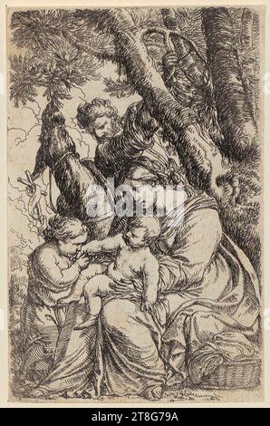 Jonas Umbach (1624 um - 1693), Holy Family with St. John and a Donkey, print medium: 1634 - 1693, etching, sheet size: 12.4 x 8.0 cm Stock Photo